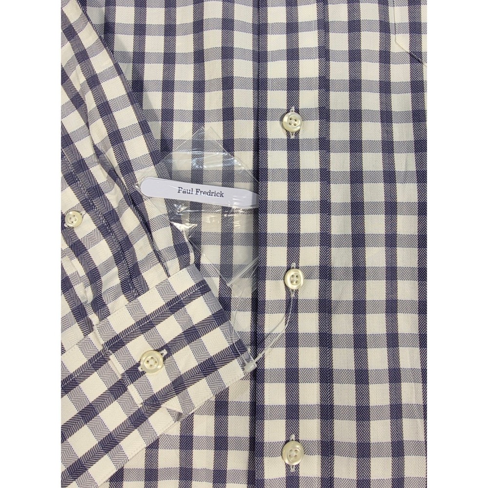 Paul Fredrick Men Blue/White Gingham Check Herringbone Cotton DressShirt 16.5-33 - Picture 8 of 8